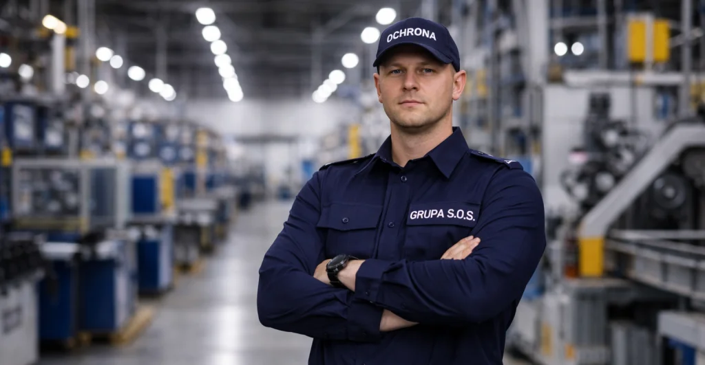 Pracownik ochrony Grupy S.O.S. w hali produkcyjnej