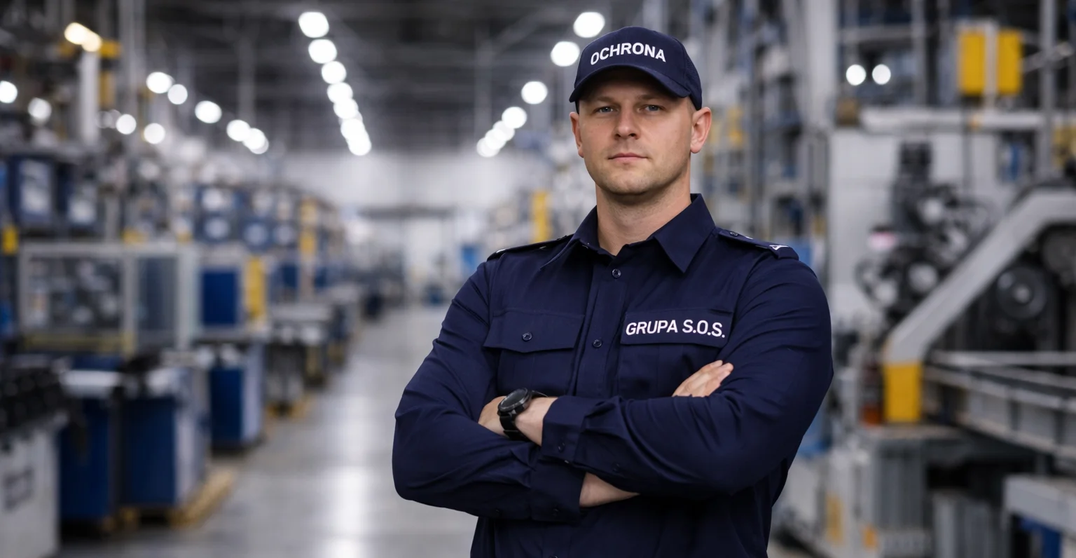 Pracownik ochrony Grupy S.O.S. w hali produkcyjnej