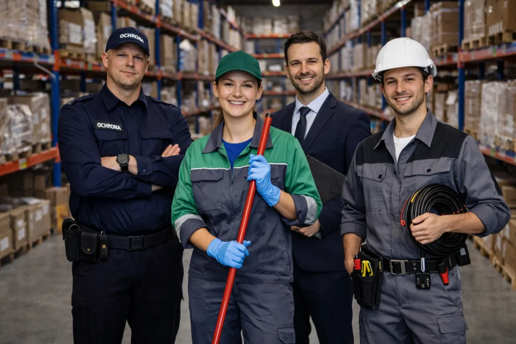 Pracownicy ochrony, sprzątania i serwisu technicznego Grupy S.O.S. w magazynie