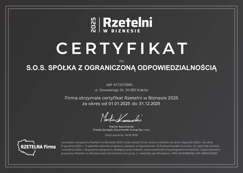 Grupa S.O.S. z certyfikatem „Rzetelni w Biznesie”